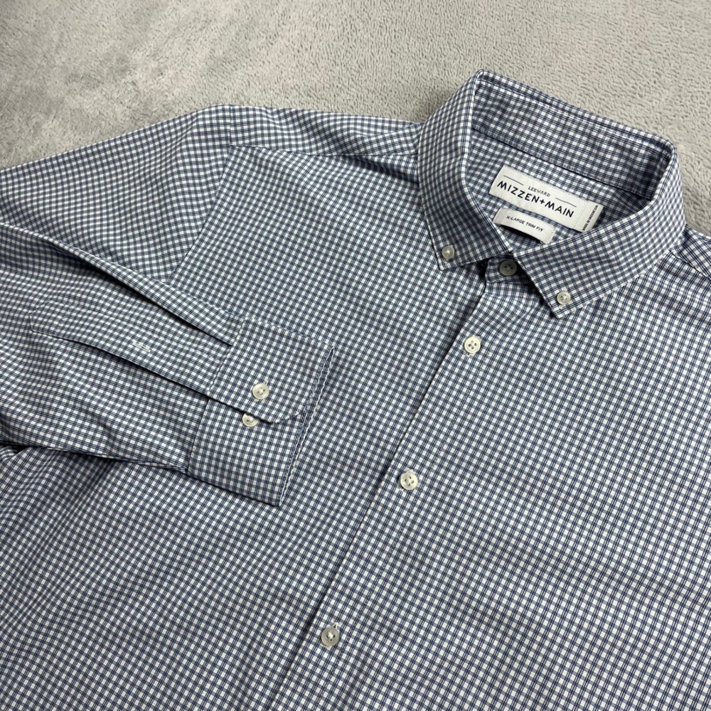 Mizzen+Main Leeward Dress Shirt XL Trim Fit Blue White Gingham Button Down